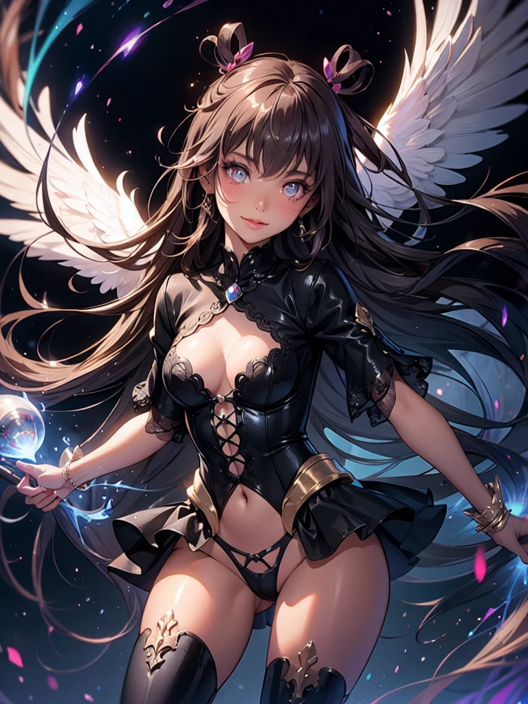 In a breathtaking 8K composition, a cosmic demon figure adorned with tribal tattoos dominates the frame. The fallen angel's eyes glow maliciously as she strikes a sexy pose, wearing an outfit detailed with embellishments and embroidery, all-black lace-up tin high boots, and a skirt that reveals her D-cup cleavage and panties. The lacy skirt is illuminated by glowing lights, with Mshiff particles swirling around her face. Her wicked smile is seductive against the vibrantly colored background, accentuating the sinister glow that emanates from her presence.