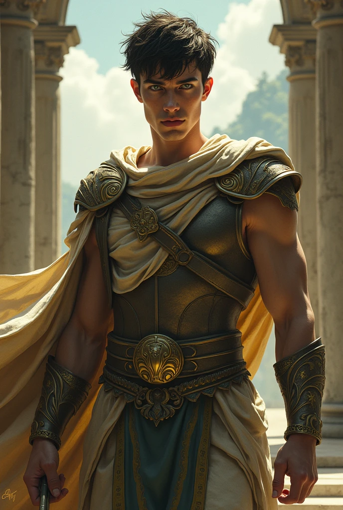 A Young Hot Man with Green Eyes, Short Black Hair, dressed like a Greek Warrior God