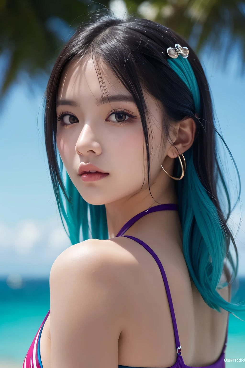 high quality, real、High resolution, Realistic、8k、masterpiece, detailed.impressive, Cutting-edge female photography portraits, Mini Bikini、Gentle expression、Mid Shot、Looking at the camera、Facing forward、cyan, and purple, Her vibrant makeup really catches the eye.. (Her colorful hair is tied up high)