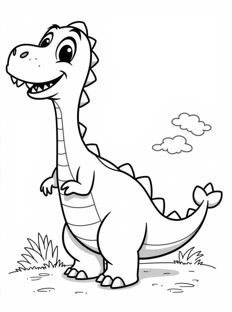 b&w lineart dinosaur disney style happy, minimalist style, park background, full body, picture, coloring book style on white background, well composed, clean coloring book page, No dither, no gradient, strong outline, No fill, No solids, vector illustration