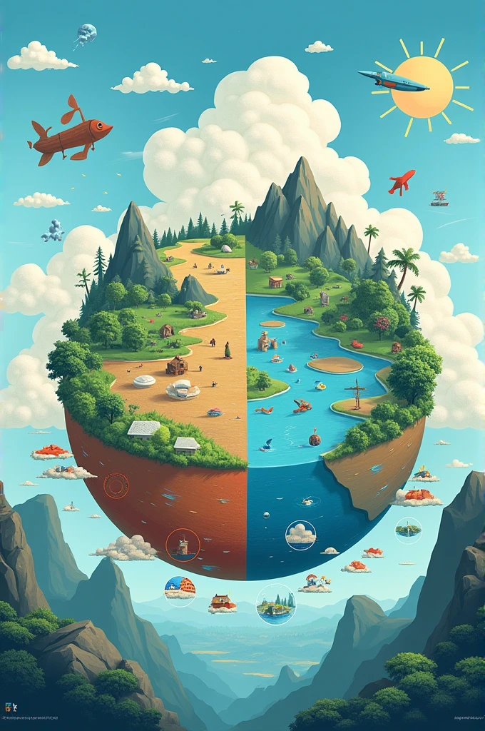 Create a picture that is easy to be drawn, containing the four subsytems of the earth
