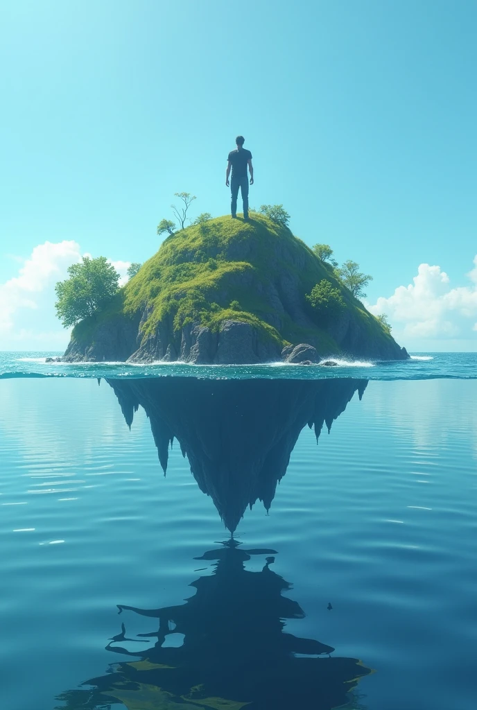 Imagine A person standing at the edge of a floating island, surrounded by water, with a map overlay showing the shape of the island.