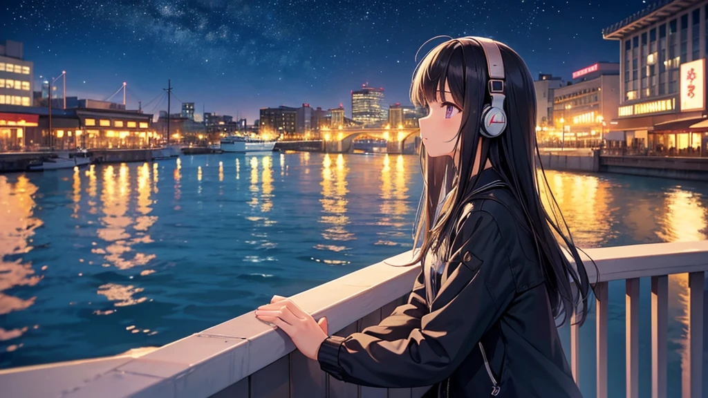 Enjoy boat racing at Suminoe Boat Races。A young girl with black hair wearing stylish clothes and headphones labeled "lo-fi" The girl is shown in profile, gazing into the distance with a calm, relaxed expression Background depicts the iconic scenery of Namba, Osaka at night, without any text on signs A starry night sky adding to the peaceful atmosphere Overall mood is quiet and serene, perfect for lo-fi music Detailed hair rendering and careful attention to the girl's fashionable outfit The entire scene should evoke a relaxing, introspective feeling associated with lo-fi music
