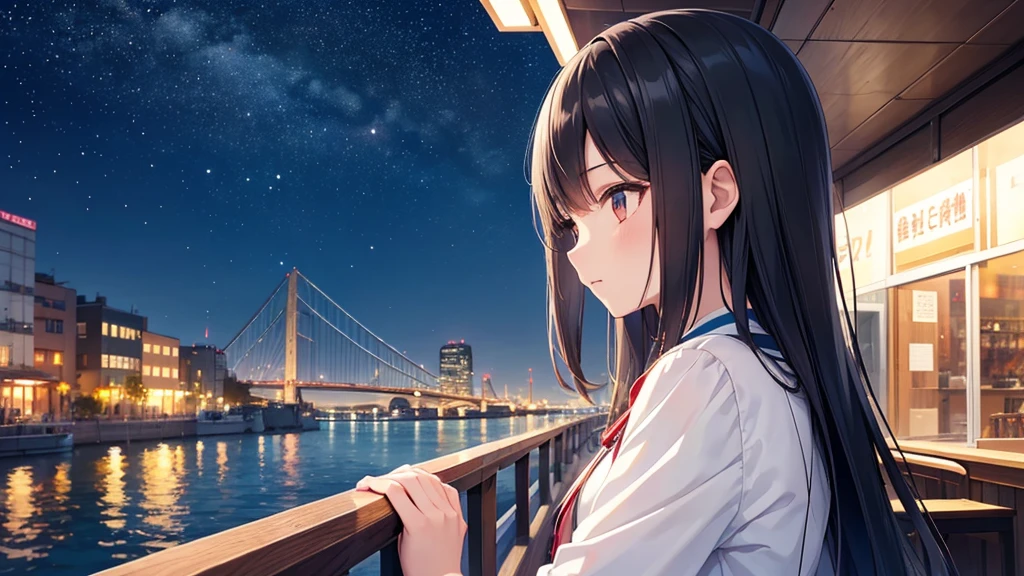 Enjoy boat racing at Suminoe Boat Races。A young girl with black hair wearing stylish clothes and headphones labeled "lo-fi" The girl is shown in profile, gazing into the distance with a calm, relaxed expression Background depicts the iconic scenery of Namba, Osaka at night, without any text on signs A starry night sky adding to the peaceful atmosphere Overall mood is quiet and serene, perfect for lo-fi music Detailed hair rendering and careful attention to the girl's fashionable outfit The entire scene should evoke a relaxing, introspective feeling associated with lo-fi music