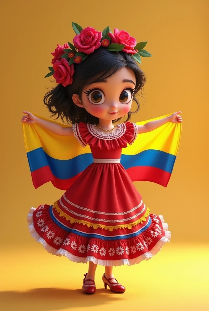 Animated girl with Colombian flag and wearing a Colombian cumbia dress