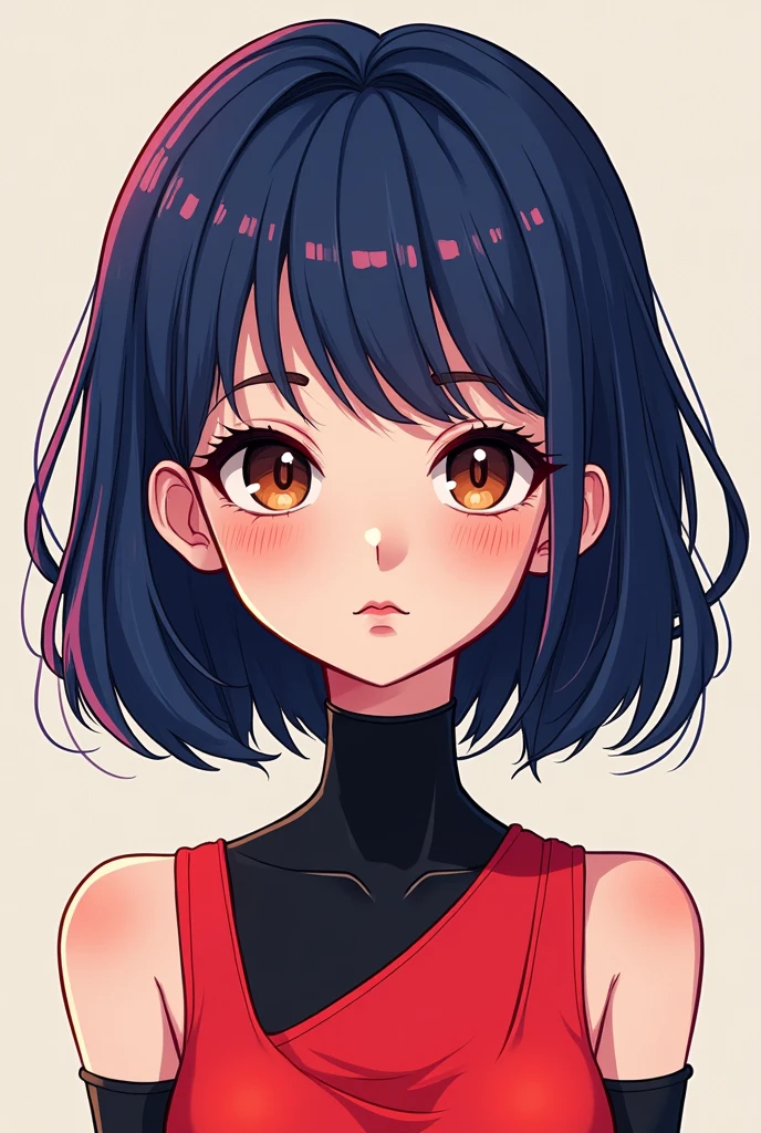 comic style drawing girl with dark blue violet hair with light brown eyes medium length with bangs wearing red and black dress 