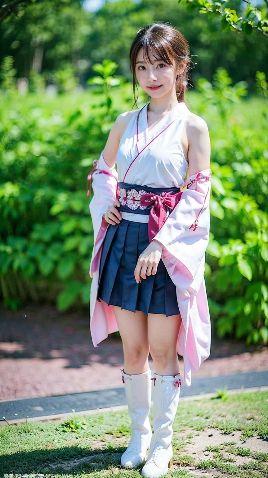 (8k、RAW Photos、Highest quality、masterpiece:1.2)、(Realistic、Realistic)、1 girl、((Long-sleeved kimono、white、pink、navy blue、Shoulder visible、Breast enlargement、boots、ribbon、garden、Thin legs、mini skirt、whole body、View from the front、Looking into the camera、Stand with hands on hips))、cute