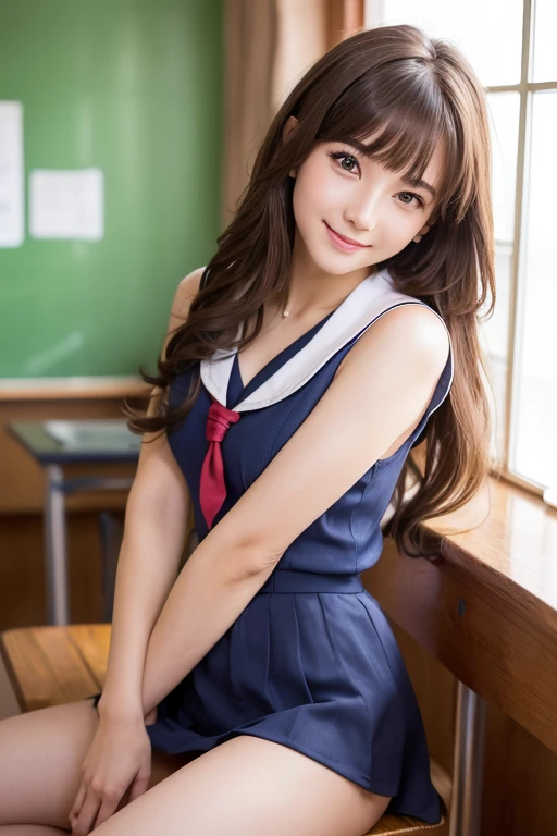 (超High resolution, masterpiece, Anatomically correct, Textured skin, Super Detail, Highest quality, High resolution, 8k, bloom, Front light), (Cute and sexy 18 year old schoolgirl, Sexy Face, Distant eyes, Gentle eyelids, Thin eyebrows, Gentle corner of the eye, Beautiful aquiline nose:1.4, It will totally charm you, Eyes that feel erotic, A taste of beautiful eroticism, Too cute beauty), (Brown Hair, Long Hair, Horizontal French Twist Hair:1.4, bangs), (Gal Makeup, eyeliner, Lip gloss), (Mid-chest, Slim proportions), (Looking into the camera, Photographed from the front:1.3, close), (Sleeveless sailor suit), (School, School room, Near large windows,Random Sexy Poses,whole body,sit,Spread your legs), (smile:1.2)