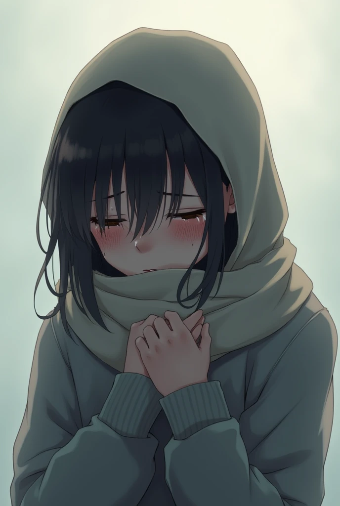 anime  girl mid hair wearing a scarf her head down without eyes with fear in her eyes with tears flowing down her cheeks 

