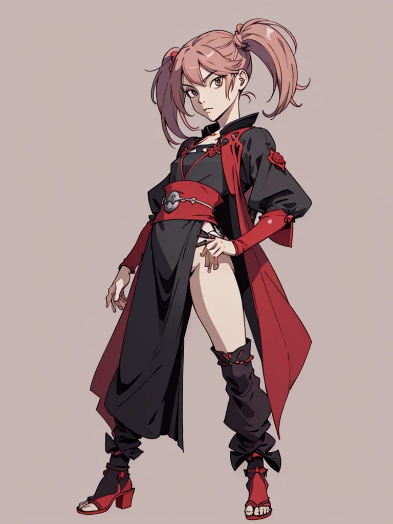 (masterpiece), (best quality),(portrait),1girl,solo,(sharp focus),(look at viewer), sazanami, two side up,twin tails,rose pink hair,red hair, flat chest, full body view,ancient long clothes,black outfit,rogue outfit,old school fantasy art,((simple background)),(gray background),