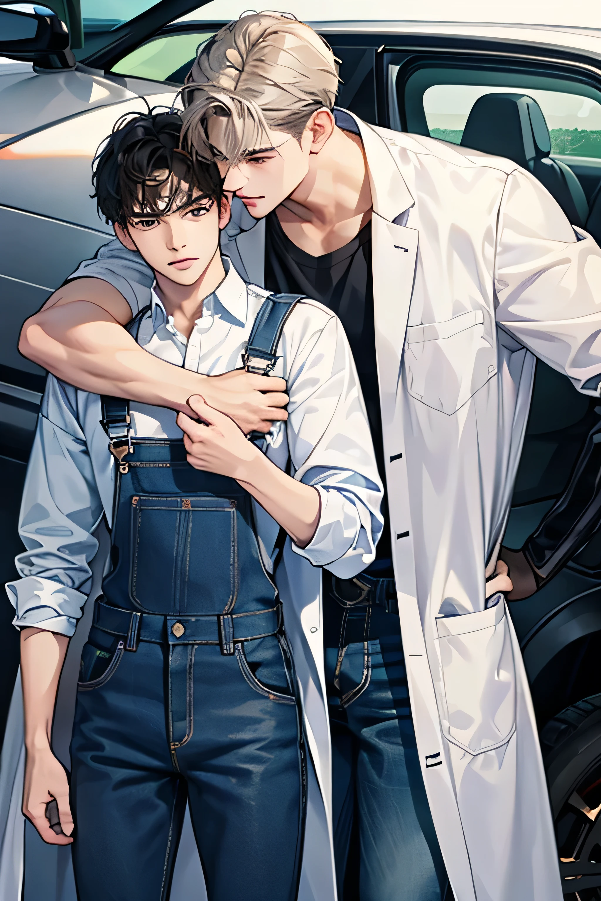 A cute guy in overalls gets hugged by a handsome guy in a lab coat and a sports car.