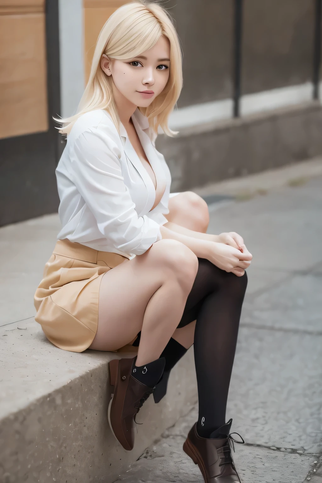 (8k, RAW photo, best quality, masterpiece:1.2), (realistic, photo-realistic:1.4), (extremely detailed 8k wallpaper), American 20 age woman,Ultra-detailed face, Detailed eyes, Double eyelid, school bag,blazer, summer , short skirt, black socks, loafers, full body,date,(random cute hairstyles, Huge breasts :1.2,Hair color is blonde,Tears mole),random poses,random outfit,random clothes color,random smile,(date style),Vibrant movement