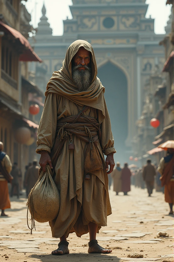 Poor man infront of tample for begging