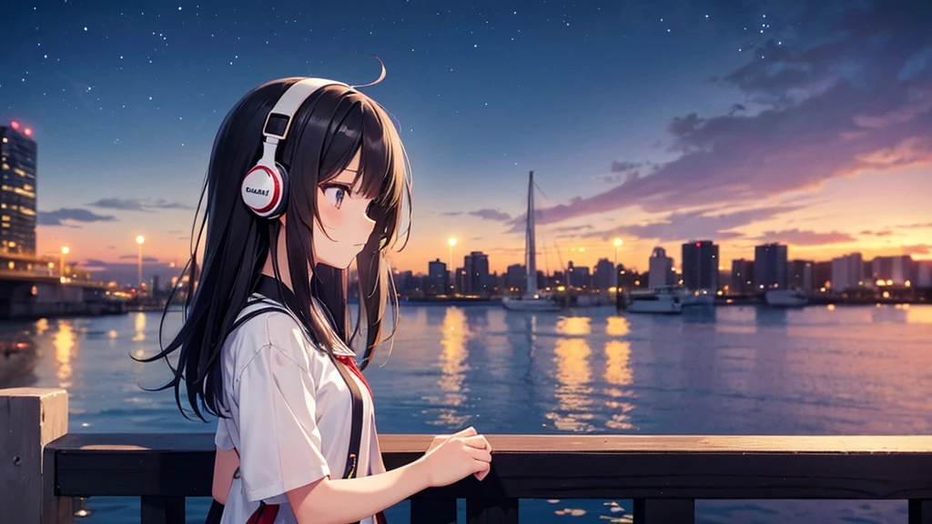 Enjoy boat racing at Suminoe Boat Races。A young girl with black hair wearing stylish clothes and headphones labeled "lo-fi" The girl is shown in profile, gazing into the distance with a calm, relaxed expression Background depicts the iconic scenery of Namba, Osaka at night, without any text on signs A starry night sky adding to the peaceful atmosphere Overall mood is quiet and serene, perfect for lo-fi music Detailed hair rendering and careful attention to the girl's fashionable outfit The entire scene should evoke a relaxing, introspective feeling associated with lo-fi music