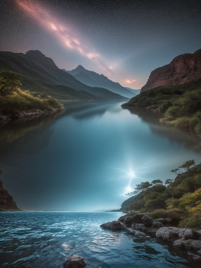 (8k, highest quality, masterpiece, final fantasy style: 1.2), (unRealistic, photoRealistic: 1.37), Dreamy landscape, Fantasy, Unsurreal landscapes, Super detailed, Flying Castle, Floating Island in the Sky, Seven-colored swirl of light, Intense lightning, milky way, Complex Light, Colored light, Large Lake, Starry sky reflected on the lake surface, Countless shining stars, Meteors, Reflections , (A pillar of light emanated from the ground:1,2), roses and orchids gardens , sunset, pink clouds, waterfalls in the sky, realistic style, Hyperrealism drawing, a flying pirate spaceship floating at the clouds level, burning skyscrapers, cyborgs, timeless realms, stunning princess , floating hair, pink lipstick, cute, naked shoulders , casting spell, healing light magic effect, in a magical lagoon of the fairyland, crystal clear water surface reflections, sharp focus, looking at viewer, (close-up:0.9), (bright white theme:1.2), (bright white tone:1.2), (deep blue tone:1.3), realistic, Hyperrealism,