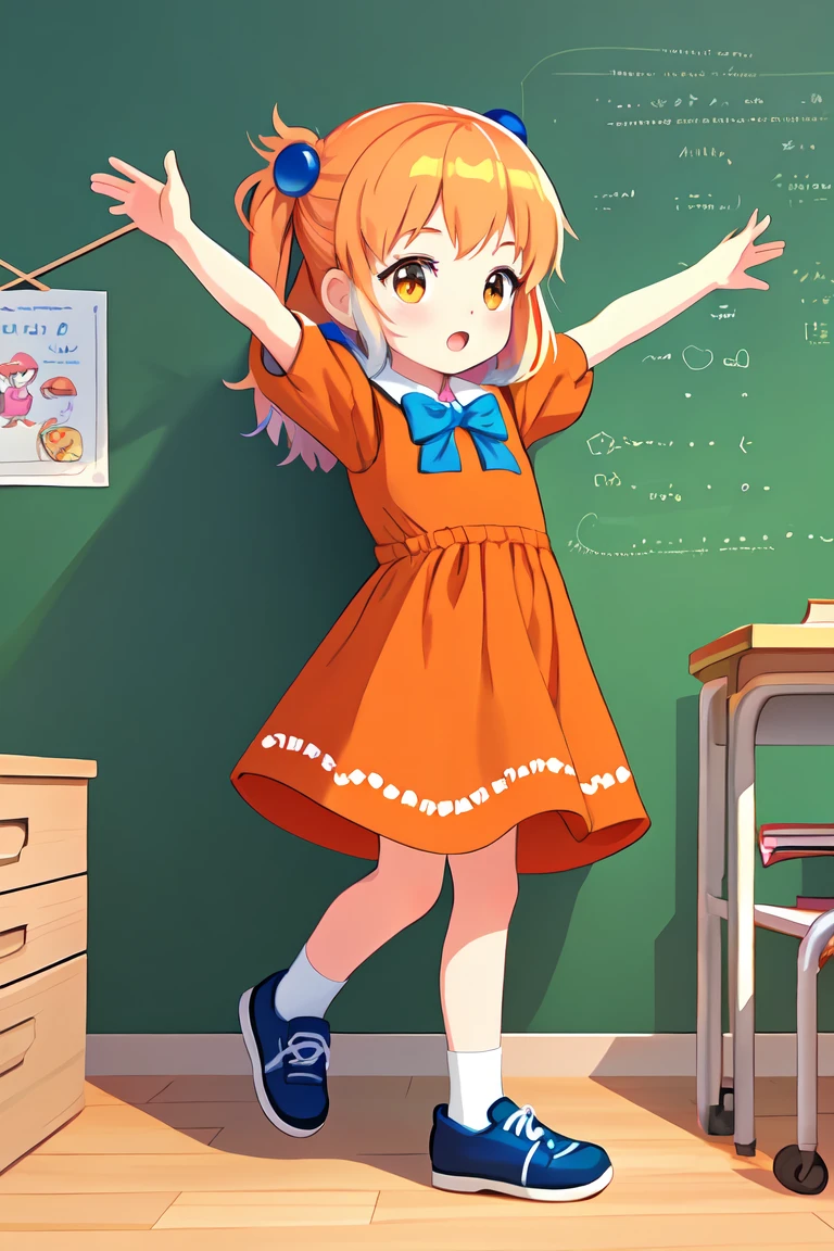 an image of a  girl, front view, full body in an orange dress with different movements, inspired by Mario Comensoli, a screenshot, behance, in school or classroom, children illustration, kids book illustration, childrenbook illustration, illustration for children, children's illustration, childrens book illustration, colorful kids book illustration