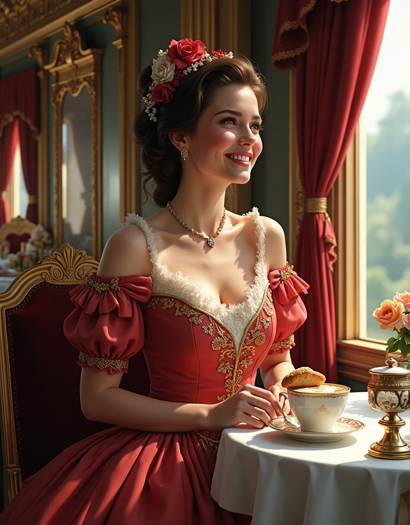 A happy Victorian era train VIP [female passenger:Maude Adams:0.1] donning Victorian gown have a cream tea and scone at the train resto luxury coach, cinematic view, ultrasharp, incredibly detailed and intricate, detailed face, detailed background, masterpiece photo realistic digital illustration of color comic maestro Don Lawrence,