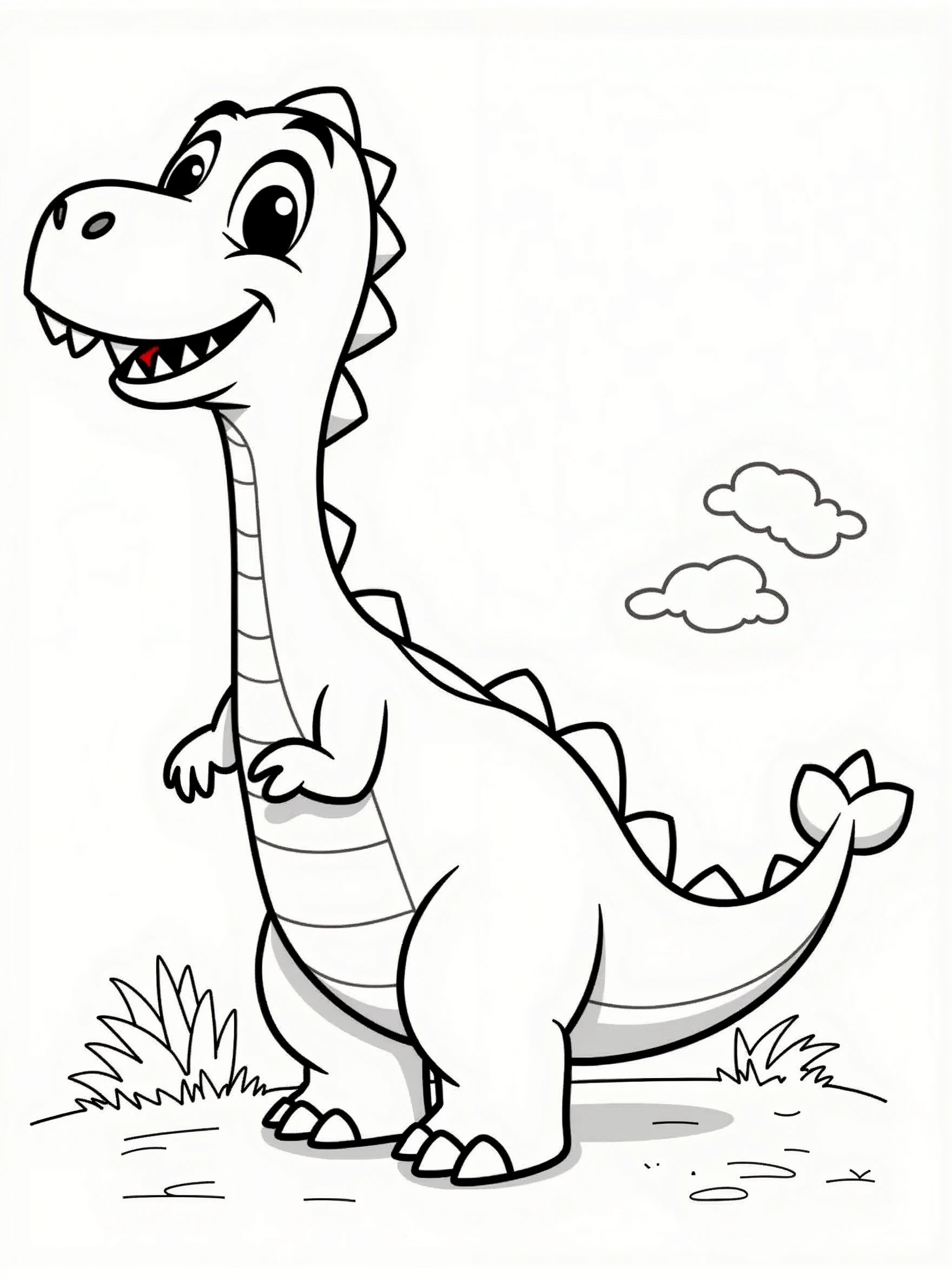 b&w lineart dinosaur disney style happy, minimalist style, park background, full body, picture, coloring book style on white background, well composed, clean coloring book page, No dither, no gradient, strong outline, No fill, No solids, vector illustration