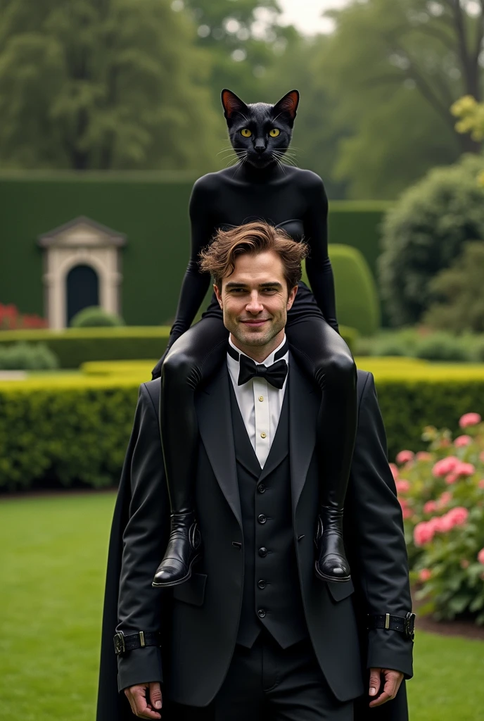 at Wayne mansion gree Plain garden wearing black clothes smiling. I want rober Pattinsons Bruce wayne and zoe kravitz's Selina Kyle on his shoulders.
