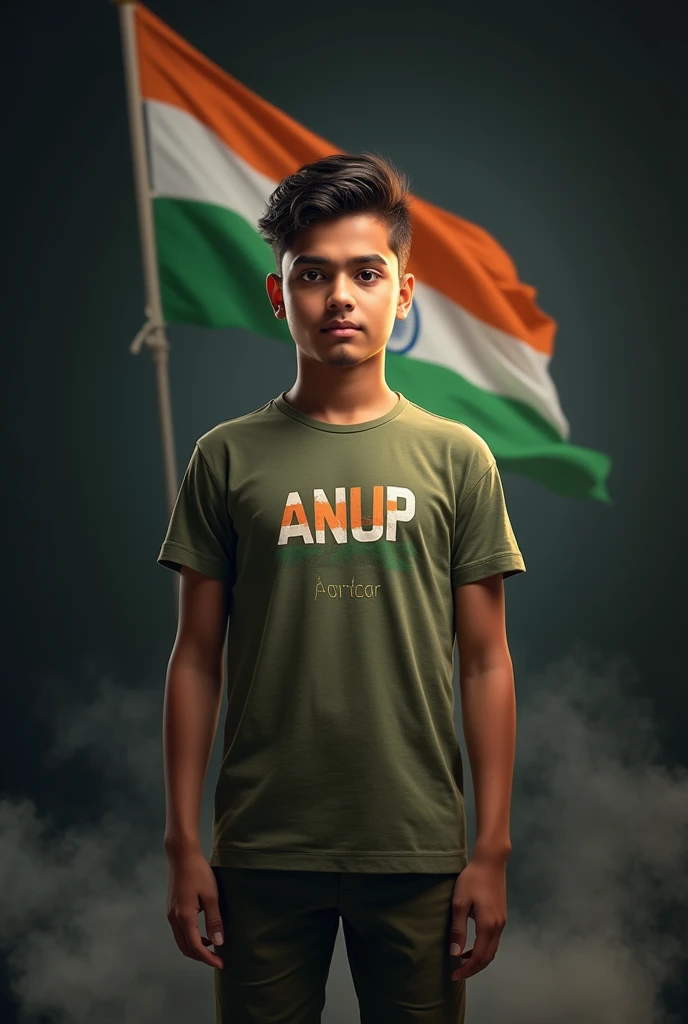 6TH PROMPT :- Make an image A 25 year old boy is standing wearing an army t-shirt, the name “ANUP” is written on the t-shirt and the flag of India and in the background there is a big flag of India and Happy independence Day 15 August is written and Saluting flag with other seals and smoke on dark background, 3D realistic high quality photo.