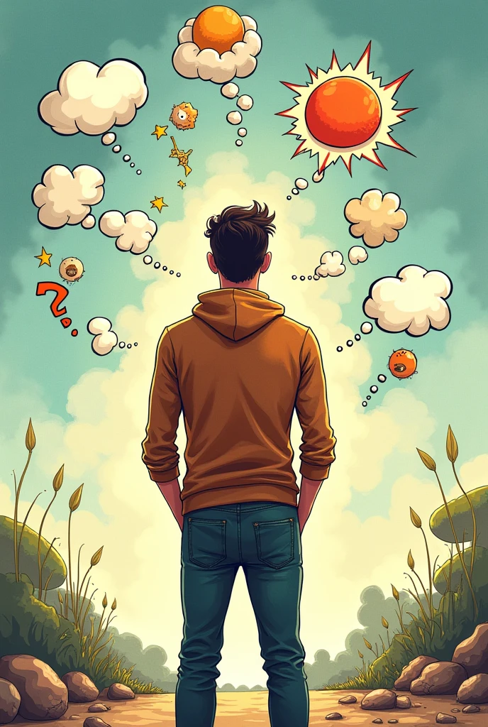 A dedicated man who is passionate thinking something with his back facing and the ideas a re scattered here and there in a cartoonise way