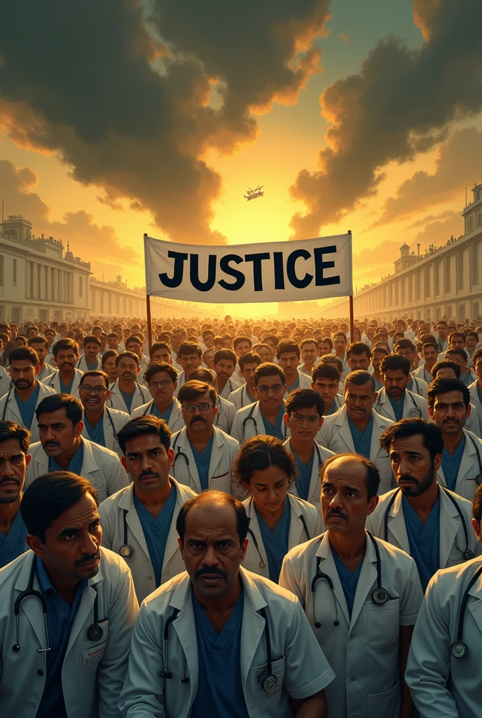 Hundreds of indian doctors protesting by holding a banner "JUSTICE", yellowish, medium contrast,men and women doctors are crying and angry,there is a line created by dark clouds"ALL EYES ON RG KAR"