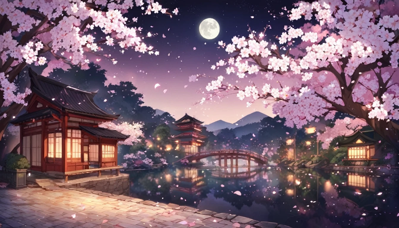 Kyoto、Moonlit night sky and cherry blossoms background