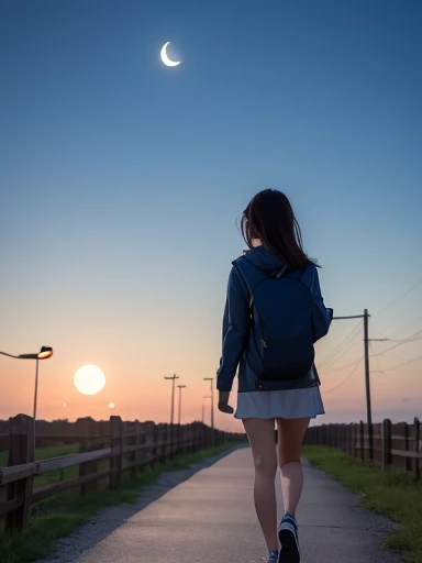a girl is walking in front of a delicate and beautiful moon-blue sky,