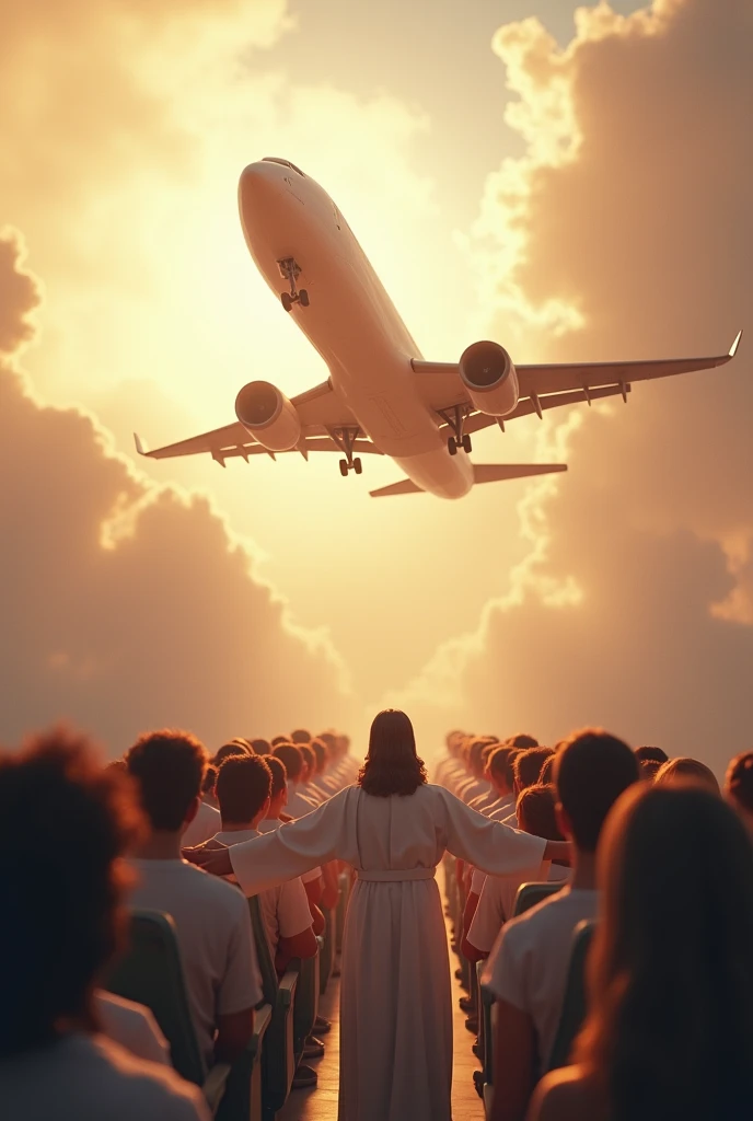 A large plane with a line of people in the sky being welcomed by Jesus 