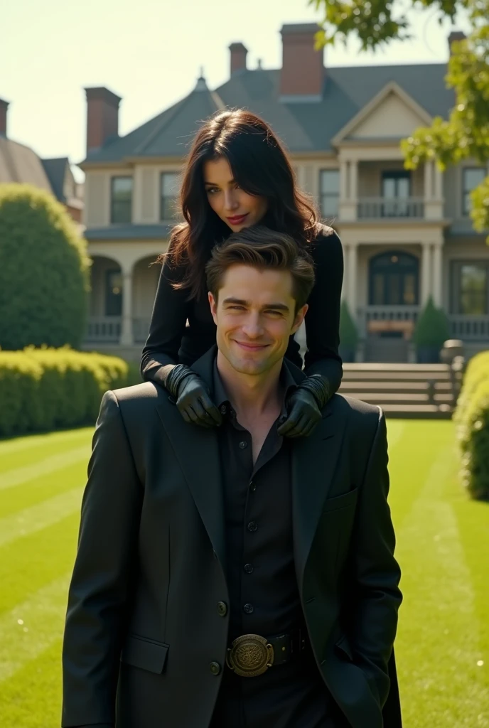 at Wayne mansion gree Plain garden wearing black clothes smiling. I want robert Pattinsons Bruce wayne and zoe kravitz's on his shoulders.