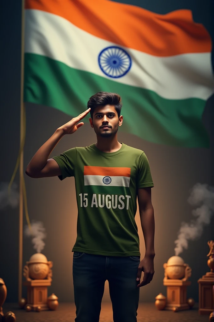 6TH PROMPT :- Make an image A 25 year old boy is standing wearing an army t-shirt, the na” is written on the t-shirt and the flag of India and in the background there is a big flag of India and Happy independence Day 15 August is written and Saluting flag with other seals and smoke on dark background, 3D realistic high quality photo.