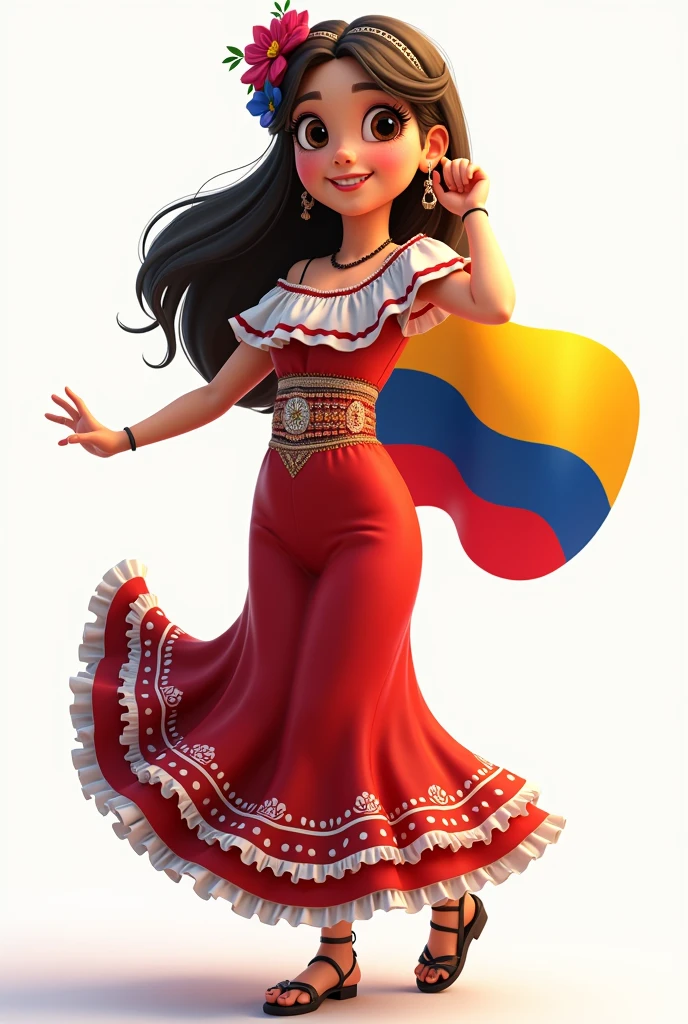 Animated girl with Colombian flag and wearing a Colombian cumbia dress without background
