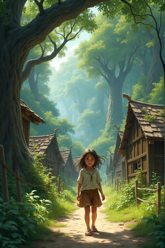 Make a image for me where there is a 10 to 12 year old girl who lives in village surrounded by dense forest