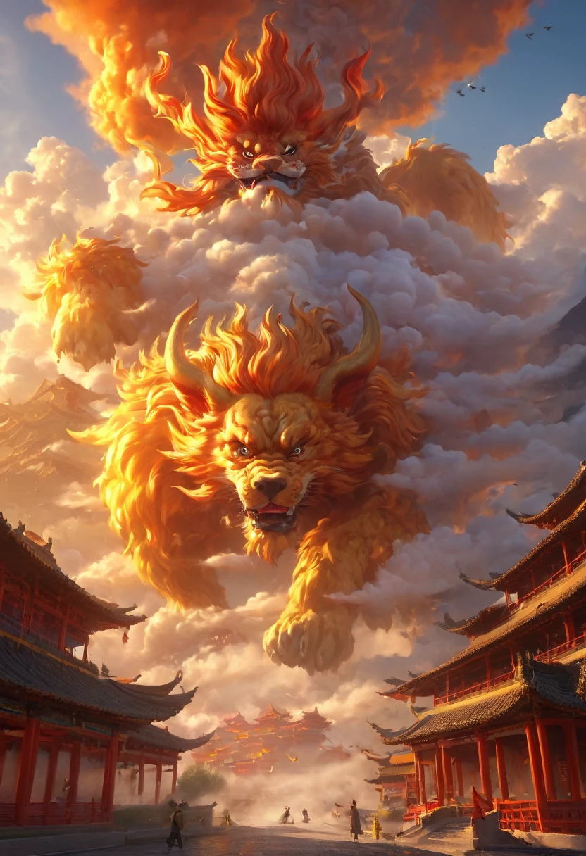Dans un monde imaginaire, l'architecture traditionnelle chinoise, les chiens de feu, les nuages, le soleil, le ciel, les montagnes, la foudre (qualité élevée, 4k, haute résolution, chef-d'œuvre : 1.2), extrêmement détaillé, (réalisme : 1.37), couleurs vives, effets de brouillard, lumières vives.