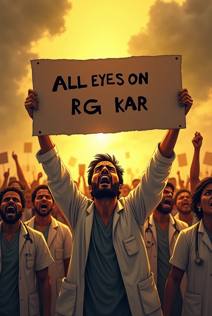 Hundreds of indian doctors protesting by holding a banner "JUSTICE", yellowish, medium contrast,men and women doctors are crying and angry,there is a line created by dark clouds"ALL EYES ON RG KAR"