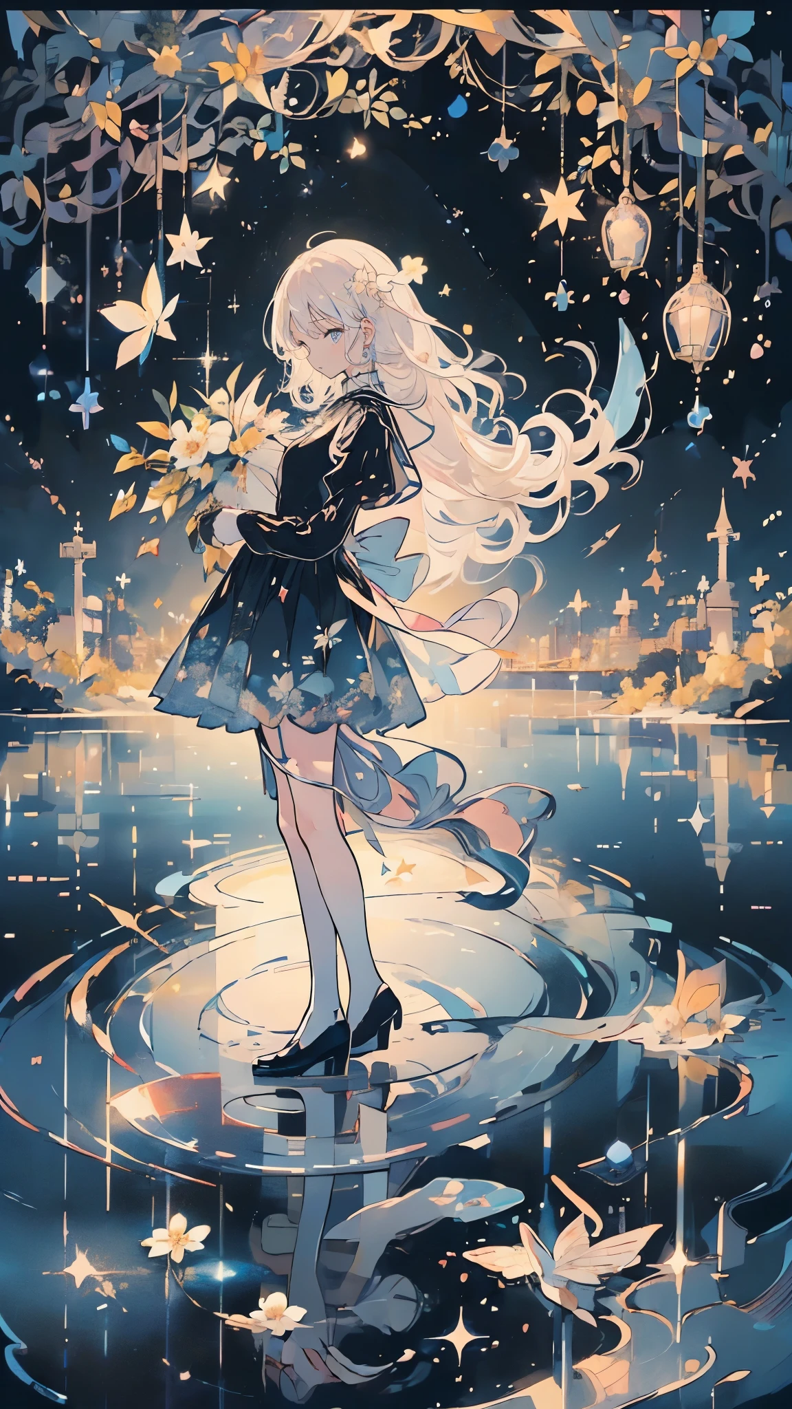 (Mastepiece), (Best Quality), Very detailed, 1 girl, (Full body solo shot:1.5), Perfect Face, beautiful girl, Very detailedな顔,(Black long dress:1.4)、(White hair long hair:1.5),(blue eyes:1.4),(Lots of butterflies々:1.2)、(White flower:1.4)、(Blue Butterfly々:1.3)、(Sparkling:1.3)、moonlight、流れstar、(night、star空:1.4)、Crescent Moon、star々、moonlight