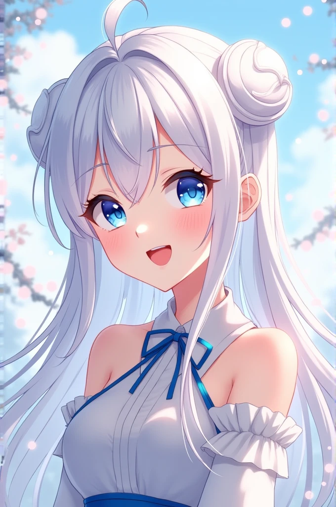 Help create an image of a young woman, dressed in a medium-sized outfit, with long white hair, blue eyes, and a cheerful smile, in an anime style. ( Image size 800×800 px)