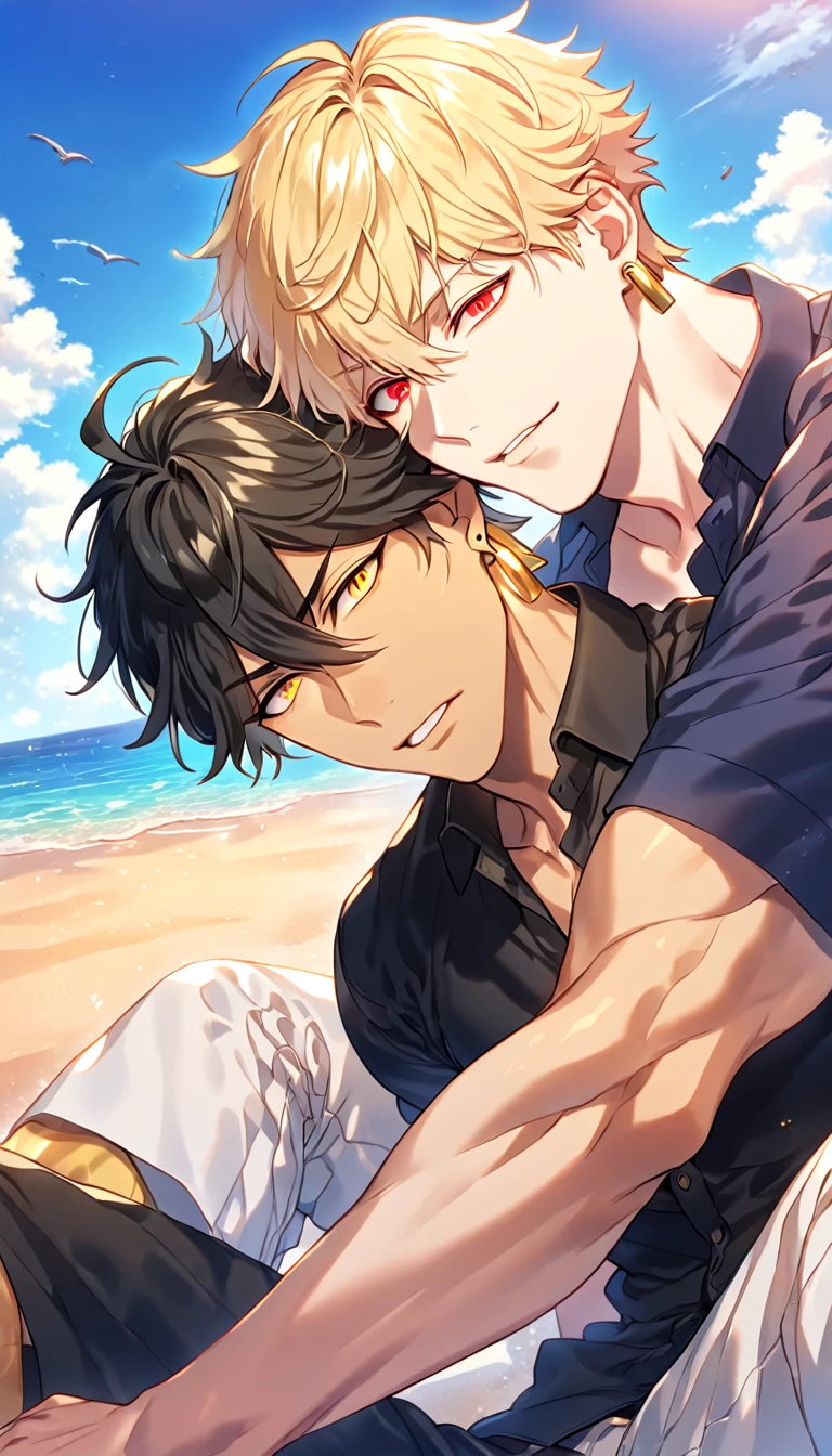 absurdres, highres, ultra detailed, HDR, master piece, best quality, detailed eyes, extremely detailed, delicated features, Gilgamesh, blonde hair, expressive red eyes, Fate Grand Order, Ozymandias, black hair, expressive yellow eyes, two sexy men together, gay couple, yaoi, handsome, manly man, dark blue shirt, unbuttoned shirt, black shirt, black shorts, white pants, golden earrings, fantasy, sea, beach, blue sky