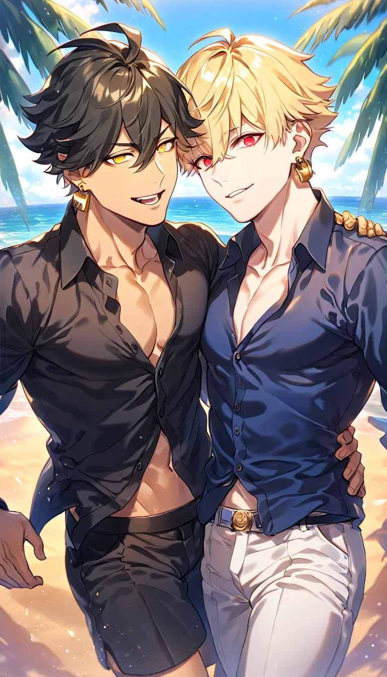 absurdres, highres, ultra detailed, HDR, master piece, best quality, detailed eyes, extremely detailed, delicated features, Gilgamesh, blonde hair, expressive red eyes, Fate Grand Order, Ozymandias, black hair, expressive yellow eyes, two sexy men together, gay couple, yaoi, handsome, manly man, dark blue shirt, unbuttoned shirt, black shirt, black shorts, white pants, golden earrings, fantasy, sea, beach, blue sky