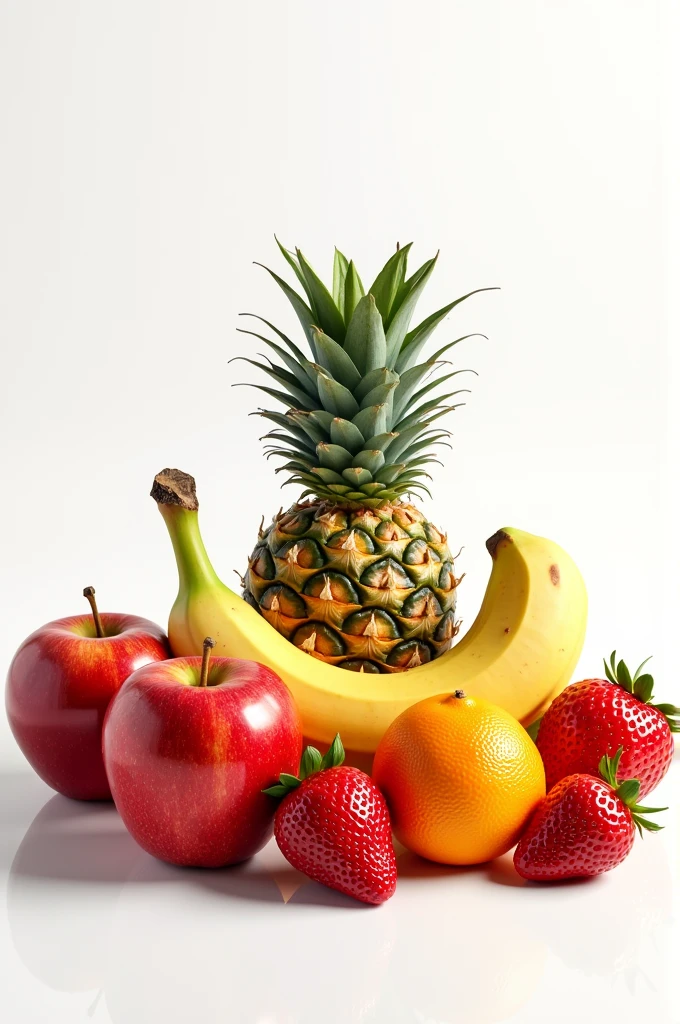 Design an image featuring different types of fruits including an apple, banana, orange, strawberry, and pineapple. Arrange them neatly on a plain white background, and make sure the fruits appear realistic with vibrant colors."
