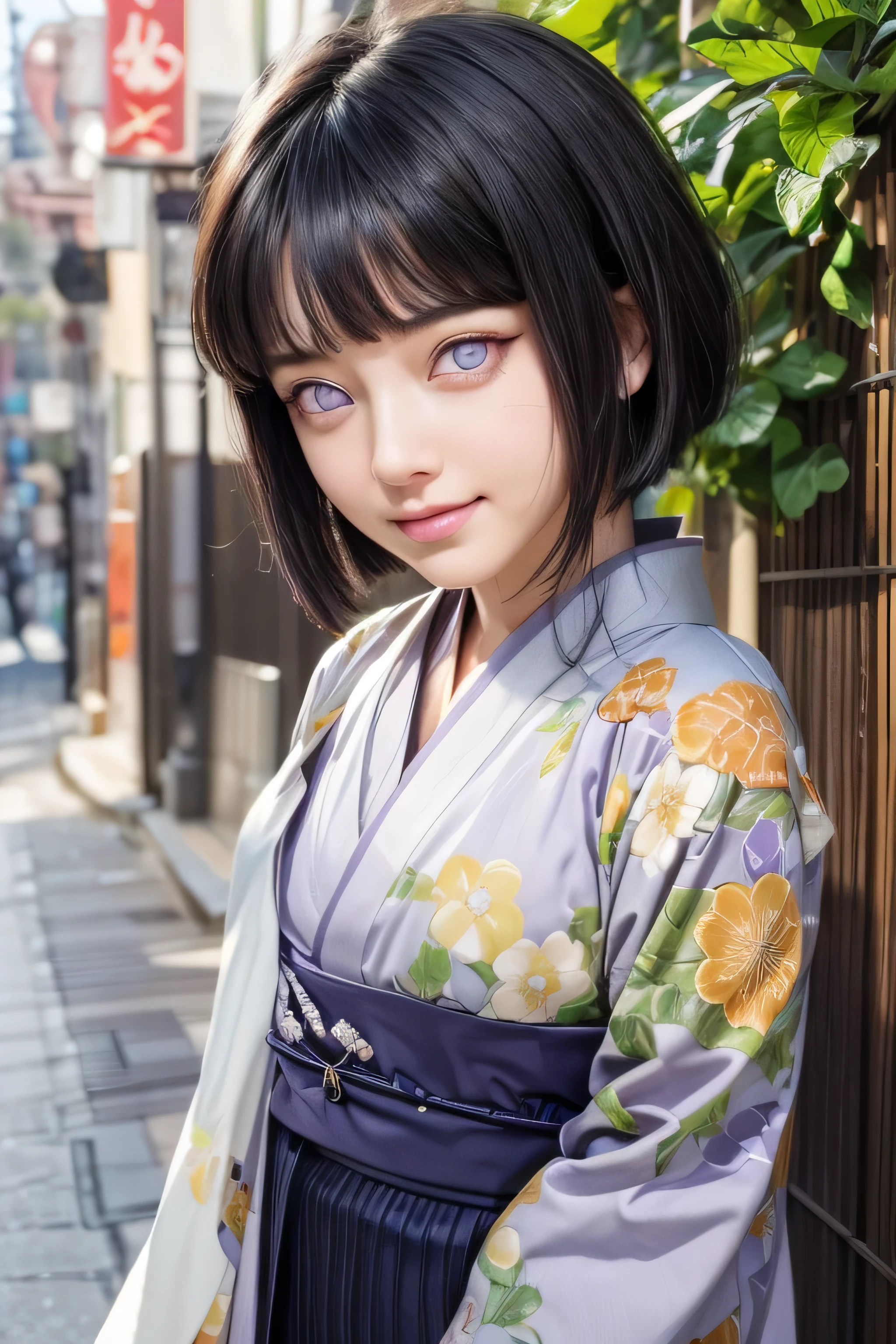 masterpiece, best quality, (realistic,photo-realistic:1.4), (RAW photo:1.2), extremely detailed CG unity 8k wallpaper, delicate and beautiful, amazing,finely detail, official art, absurdres, incredibly absurdres, huge filesize, ultra-detailed,extremely detailed eyes and face,light on face,hinata,(little smile),(black hair:1.4),(short hair:1.4),(wearing kimono:1.5),(nature background:1.4),(light purple eyes:1.5)