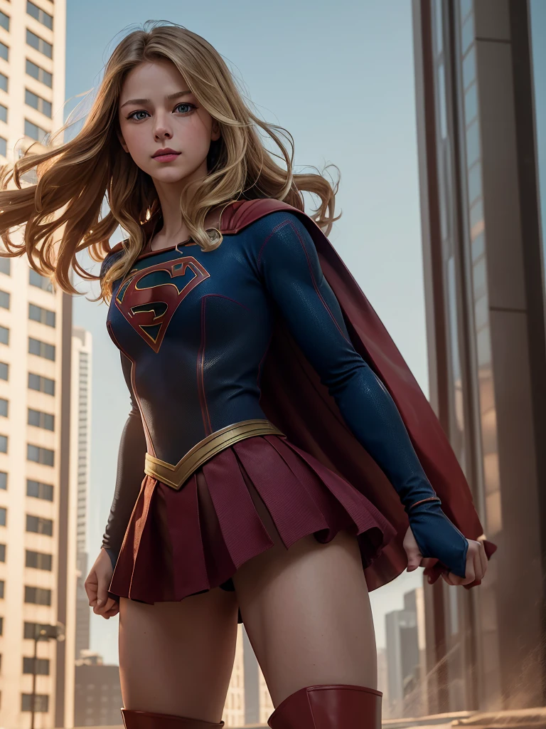 1girl in、Melissa Benoist - SMF、blondehair、Superhero、Long hair、Beautiful lips、Outer Armor、body suit、Red skirt、long boots、red footwear、hightquality、hight resolution、masterpiece、foco nítido、photographrealistic、Raw photography、bustshot、lighting like a movie、Detailed skin texture、Detailed fabric texture、beautifull detailed face、intricate-detail、ultra-detailliert、Perfect physique、tall、smil、Focus from the chest up、Put on a Supergirl costume、disheveled blonde、Dynamic action、Look at viewers、the background is a tall building