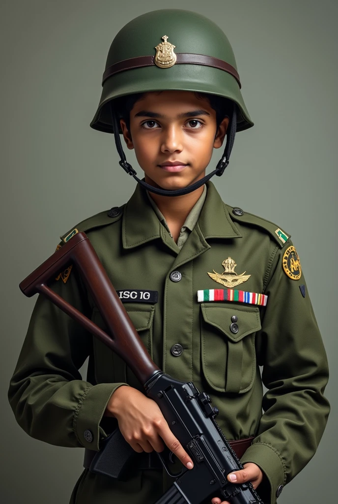 Ok image of an army boy standing holding a gun fair skin indian touch wearing helmet age 16 15
Give him a fair skin With Hilding Gun give him a aattractive gace