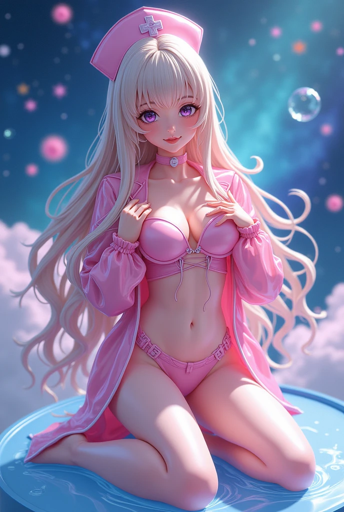 Generate 24 years old sexy and horny nurse wearing transparent pink color rain clothes, in 3D Hentai cartoon anime style, Zoom in and focus at external and internal labia form worm eyes view. sitting on both knee and Spread your legs to show internal labia, very long blonde color hair, shiny white skin color, Facial profile look like “Lisa” of “Black Pink”, “gigantic breasts”, hands was covered her breasts. very big buttocks, big pink hairy external labia. white fluid flow from internal labia, Erotic feeling Background is blue universe with galaxy star with Silver dust and pink bubbles. Sitting on the blue round earth. High definition on girl.