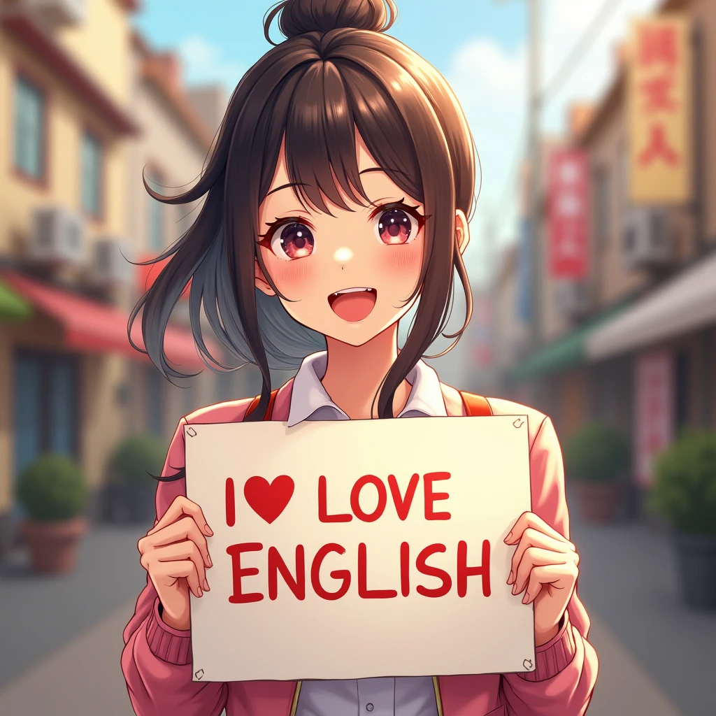 A beautiful and cute woman holding up a sign "I love English", Joyful, Happy, Anime illustration, Realistic, oil
