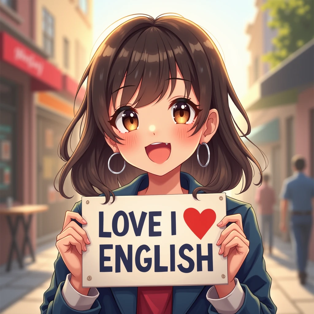 A beautiful and cute woman holding up a sign "I love English", Joyful, Happy, Anime illustration, Realistic, oil