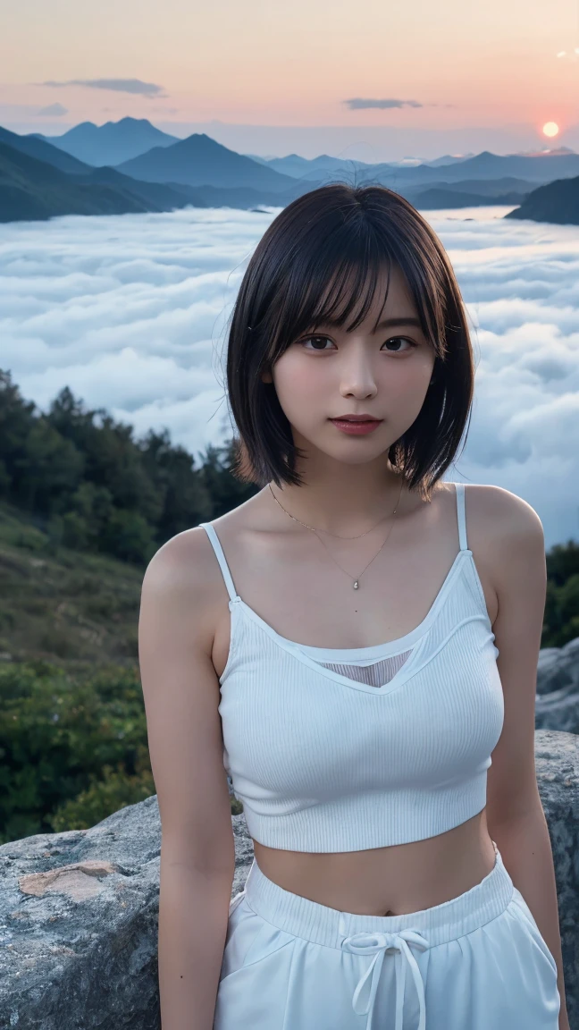 (Realistic:1.3), RAW Photos, (Nature landscape photography), (Majestic Mountain々The summit of the, sea of clouds), (On top of a very large mountain), (sunset), (One Girl), (Upper Body), (20-year-old), (smile:0.9), (Glowing Skin), (short hair, Dark brown hair), (White camisole), (cargo shorts), (Ultra detailed face), (Highly detailed eyes), (Highly detailed nose), (Highly detailed mouth), (Very skilled hands), (Super-detailed body), Sony a7, 85mm lens, f9.0, Pan Focus