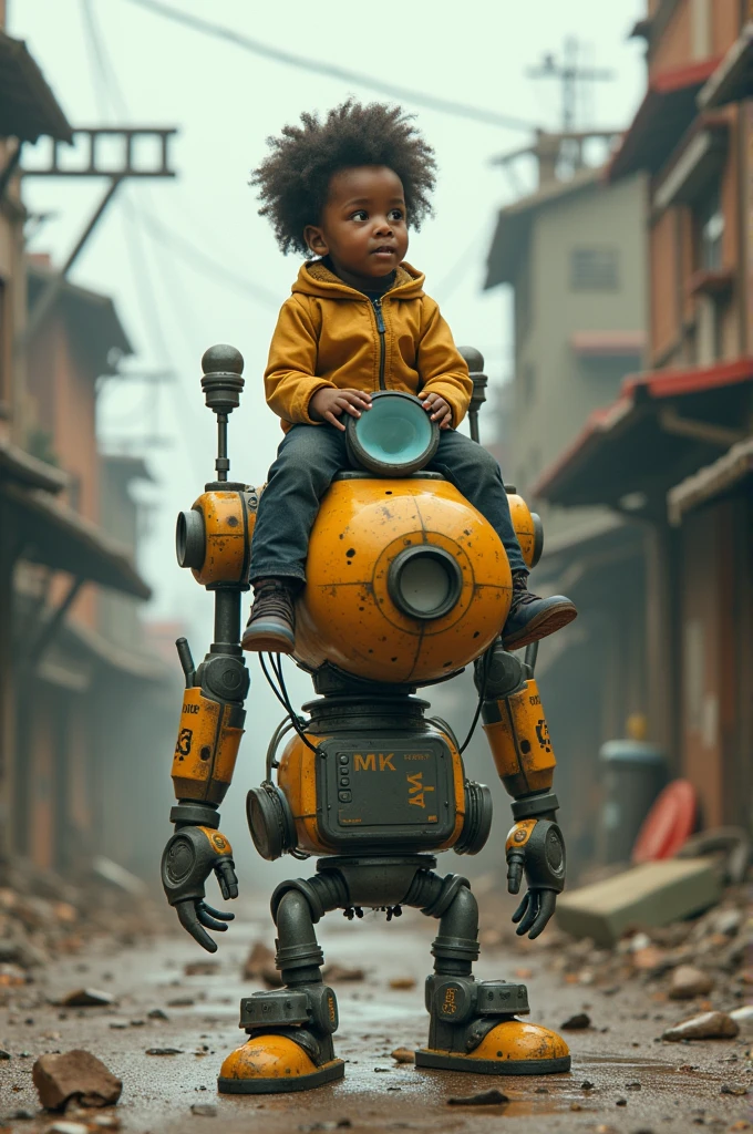 Imagine a black child on a robot made of toilets with a background of a low-class town