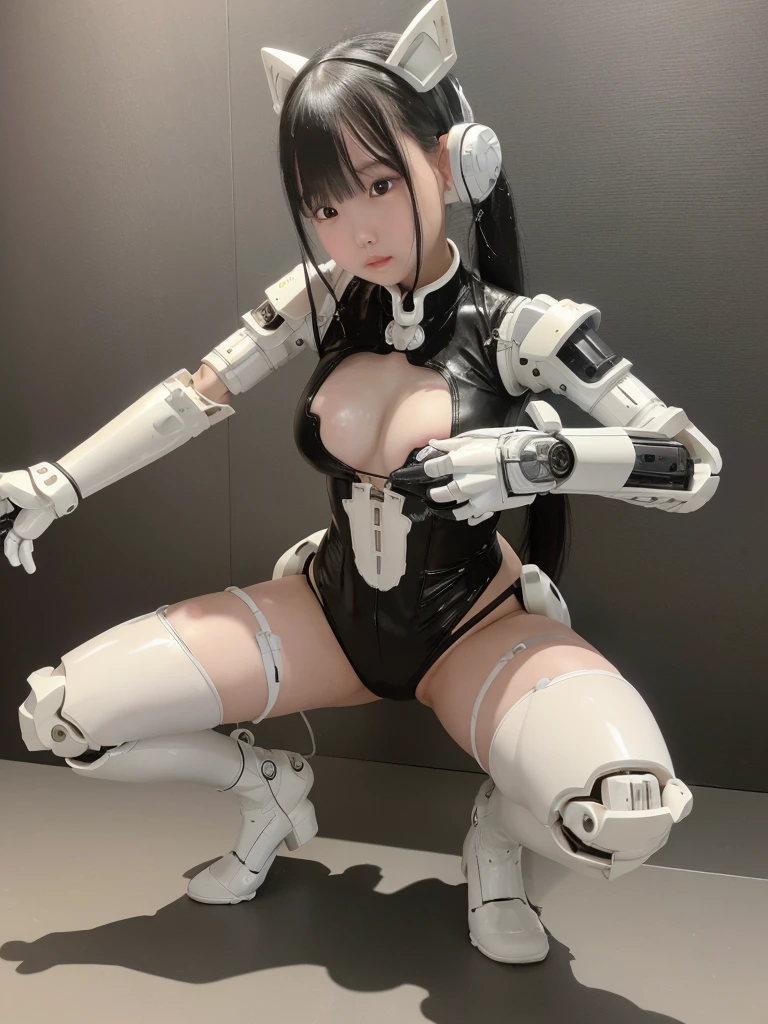 masterpiece, Highest quality, Very detailed,Japanese anドロイド woman,Plump ,Control panel,Activation,Android,Mechanical Hand,Robotic arms and legs, White Robot Parts,Black Hair,Dark black knee-high socks,Black sponge joint,Blunt bangs,White robot body,Ceramic body,Jockey Boots,Perfect Cyborg Girl,Squat,