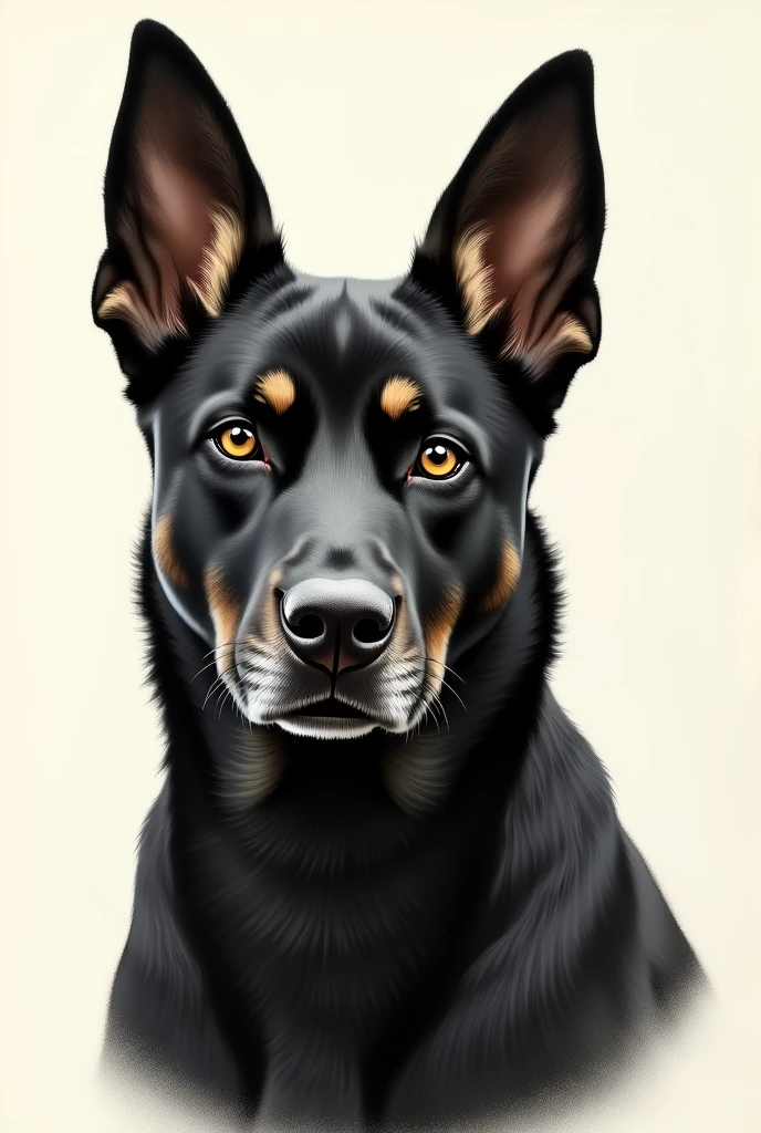 Un dessin d’une tête de chien noir avec les oreilles dressées et des taches beiges au dessus des yeux